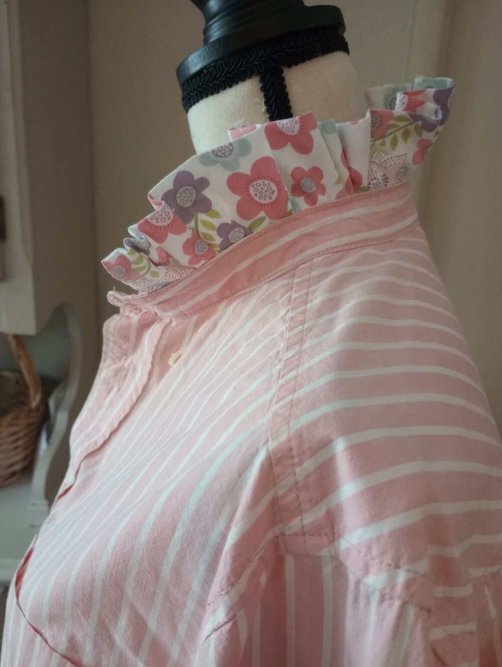 Old Navy Pink and White Striped Button-Up with Floral Ruffle Collar - Picture 5 of 11